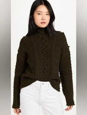 Theory Mixed Cable Knit Pullover Sweater Wool Cashmere Green Size M Mock Neck